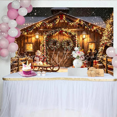 Lofaris Rustic Snowy Christmas Holiday Backdrop with Wooden Barn Festive Lights and Snowmen for Winter Photography