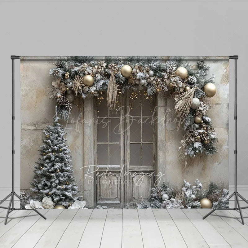 Lofaris Rustic Snowy Door Photography Backdrop Champagne and Silver Garland Flocked Tree Winter Holiday Background
