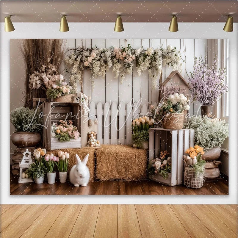 Lofaris Rustic Spring Easter Photography Backdrop with White Rabbit and Flowers Charming Farmhouse Studio Background for Portraits