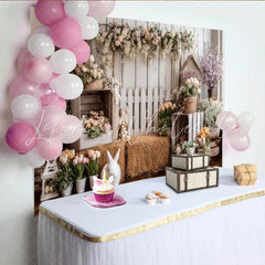 Lofaris Rustic Spring Easter Photography Backdrop with White Rabbit and Flowers Charming Farmhouse Studio Background for Portraits