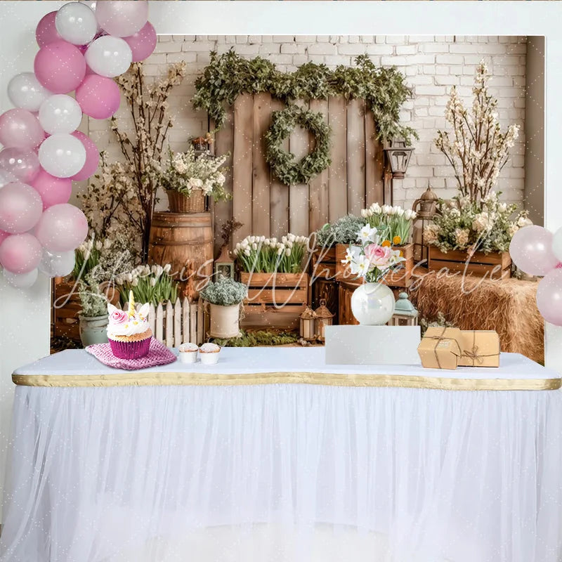 Lofaris Rustic Spring Floral Photography Backdrop with White Tulips Elegant Studio Background for Photoshoot and Event Decor