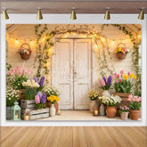 Lofaris Rustic Spring Floral Porch Photography Backdrop with White Door Blooming Flowers and String Lights Garden Photo Background