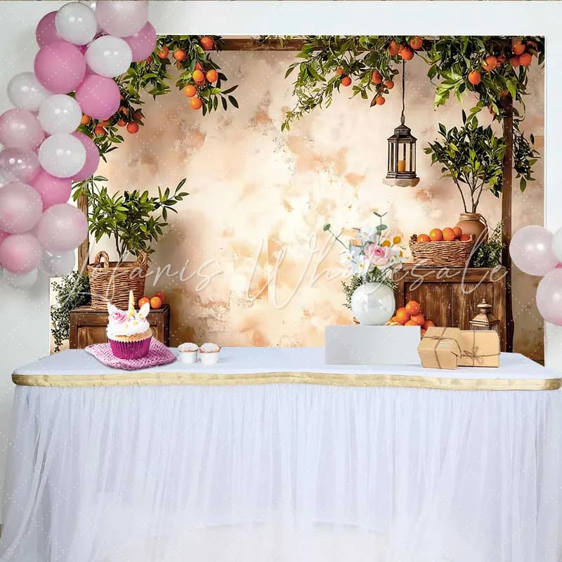 Lofaris Rustic Spring Orange Harvest Backdrop Mediterranean Garden and Lanterns Background