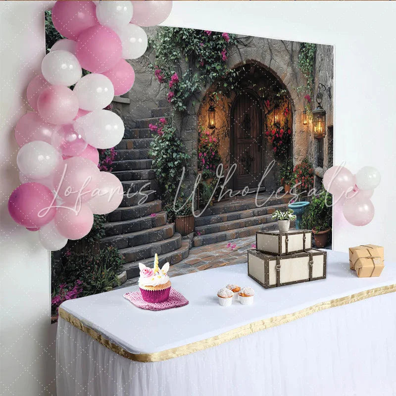 Lofaris Rustic Stone Archway Photography Backdrop with Wooden Door and Pink Bougainvillea Vintage Courtyard Studio Prop