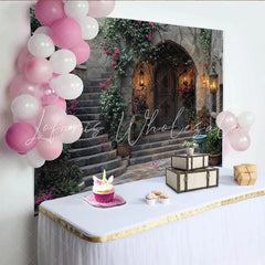 Lofaris Rustic Stone Archway Photography Backdrop with Wooden Door and Pink Bougainvillea Vintage Courtyard Studio Prop