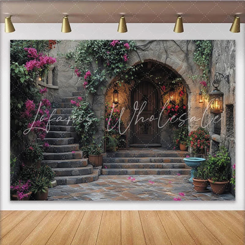 Lofaris Rustic Stone Archway Photography Backdrop with Wooden Door and Pink Bougainvillea Vintage Courtyard Studio Prop