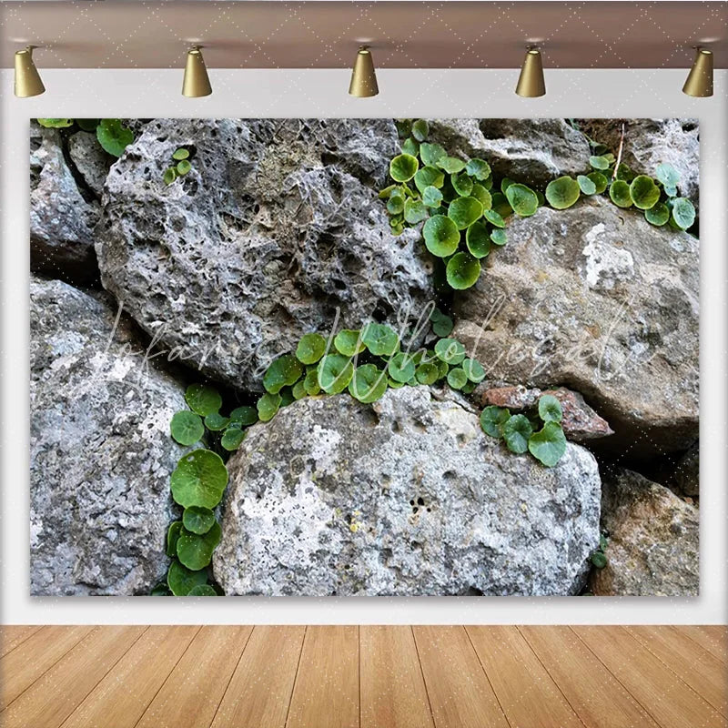 Lofaris Rustic Stone Wall Natural Scenery Backdrop with Green Plants Textured Photography Background for Studio Portrait and Photoshoot