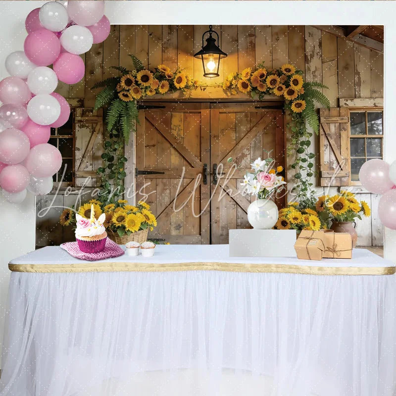 Lofaris Rustic Sunflower Barn Door Photography Backdrop Elegant Wood Background for Studio Portrait and Event Decor