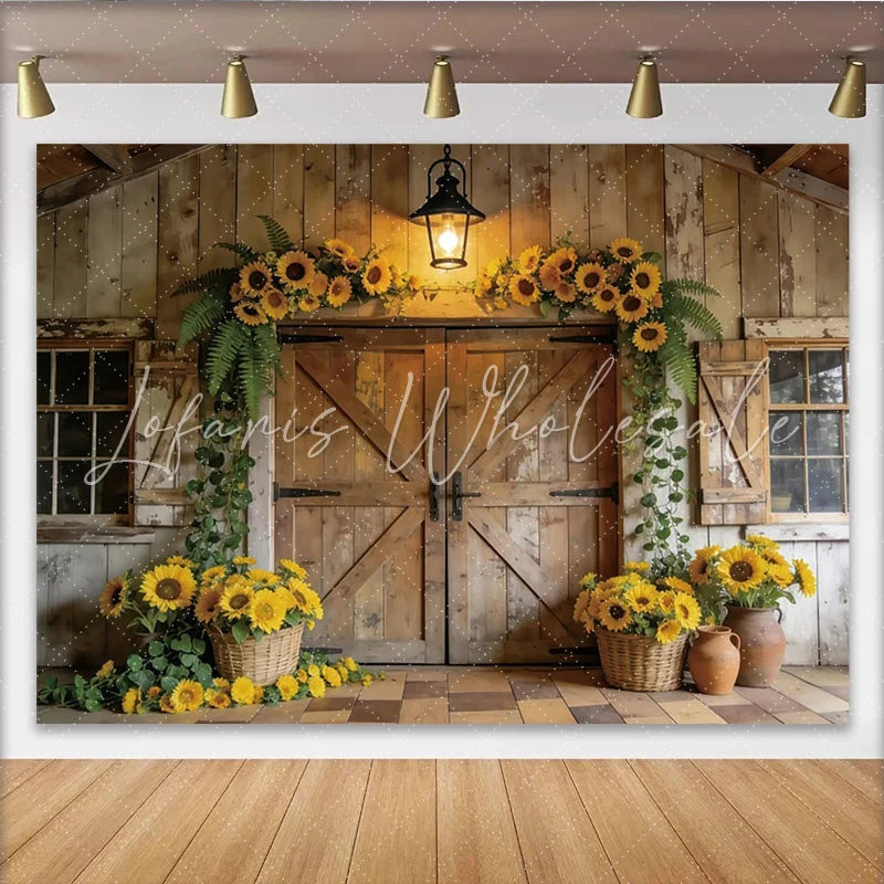 Lofaris Rustic Sunflower Barn Door Photography Backdrop Elegant Wood Background for Studio Portrait and Event Decor