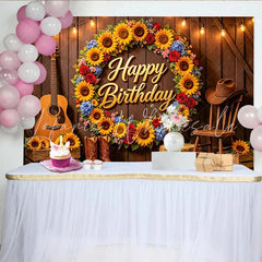 Lofaris Rustic Sunflower Cowboy Happy Birthday Backdrop with Guitar and Boots Western Themed Party Background for Photoshoot Decoration
