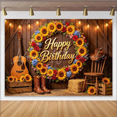 Lofaris Rustic Sunflower Cowboy Happy Birthday Backdrop with Guitar and Boots Western Themed Party Background for Photoshoot Decoration