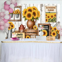 Lofaris Rustic Sunflower Photography Backdrop with Wooden Wall and Welcome Friends Farmhouse Floral Background for Studio Photoshoot