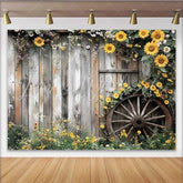 Lofaris Rustic Sunflower Wood Fence Backdrop Vintage Garden Wheel and Floral Decoration