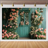 Lofaris Rustic Teal Floral Door Photography Backdrop with Pink Roses and Tulips Elegant Garden Background for Photoshoot