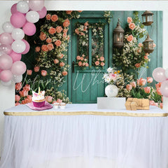 Lofaris Rustic Teal Floral Door Photography Backdrop with Pink Roses and Tulips Elegant Garden Background for Photoshoot