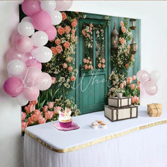 Lofaris Rustic Teal Floral Door Photography Backdrop with Pink Roses and Tulips Elegant Garden Background for Photoshoot