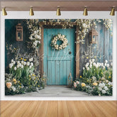 Lofaris Rustic Teal Wooden Door Spring Floral Photography Backdrop Flower Wreath Background for Studio Photoshoot and Party Decor