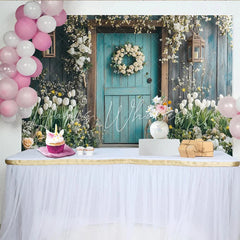 Lofaris Rustic Teal Wooden Door Spring Floral Photography Backdrop Flower Wreath Background for Studio Photoshoot and Party Decor