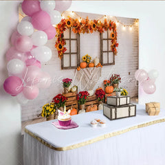 Lofaris Rustic Thanksgiving Backdrop with Pumpkins Fall Leaves and White Brick Wall Autumn Harvest Photo Background for Party Decor
