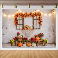 Lofaris Rustic Thanksgiving Backdrop with Pumpkins Fall Leaves and White Brick Wall Autumn Harvest Photo Background for Party Decor