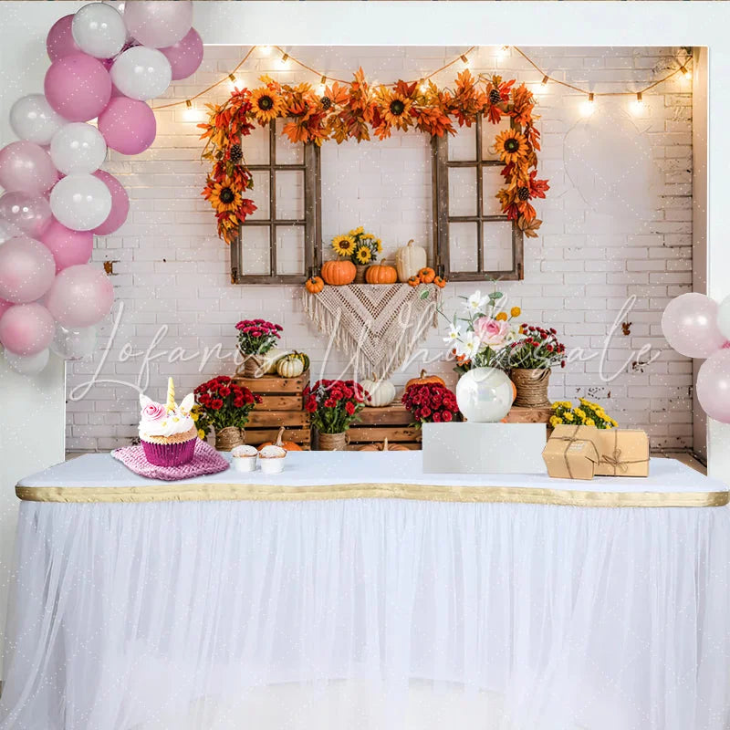 Lofaris Rustic Thanksgiving Backdrop with Pumpkins Fall Leaves and White Brick Wall Autumn Harvest Photo Background for Party Decor