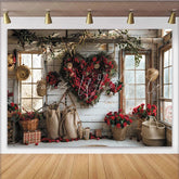 Lofaris Rustic Valentine’s Day Backdrop with Red Roses Heart Wreath Romantic Window Scene for Couples Celebration.