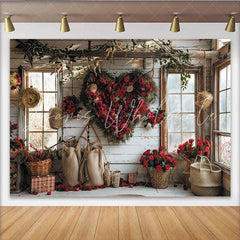 Lofaris Rustic Valentine’s Day Backdrop with Red Roses Heart Wreath Romantic Window Scene for Couples Celebration.