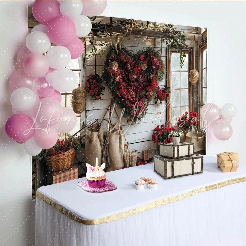 Lofaris Rustic Valentine’s Day Backdrop with Red Roses Heart Wreath Romantic Window Scene for Couples Celebration.