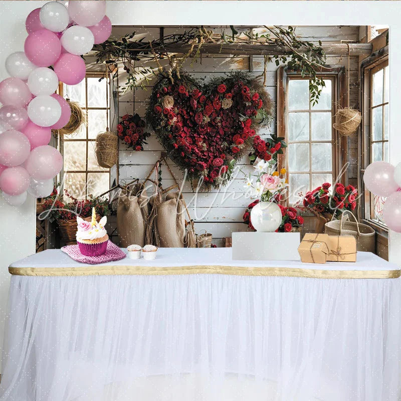 Lofaris Rustic Valentine’s Day Backdrop with Red Roses Heart Wreath Romantic Window Scene for Couples Celebration.