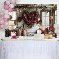 Lofaris Rustic Valentine’s Day Backdrop with Red Roses Heart Wreath Romantic Window Scene for Couples Celebration.