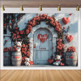 Lofaris Rustic Valentines Day Backdrop with Red Roses Hearts and Teddy Bears Romantic Door Background for Couple Photoshoot