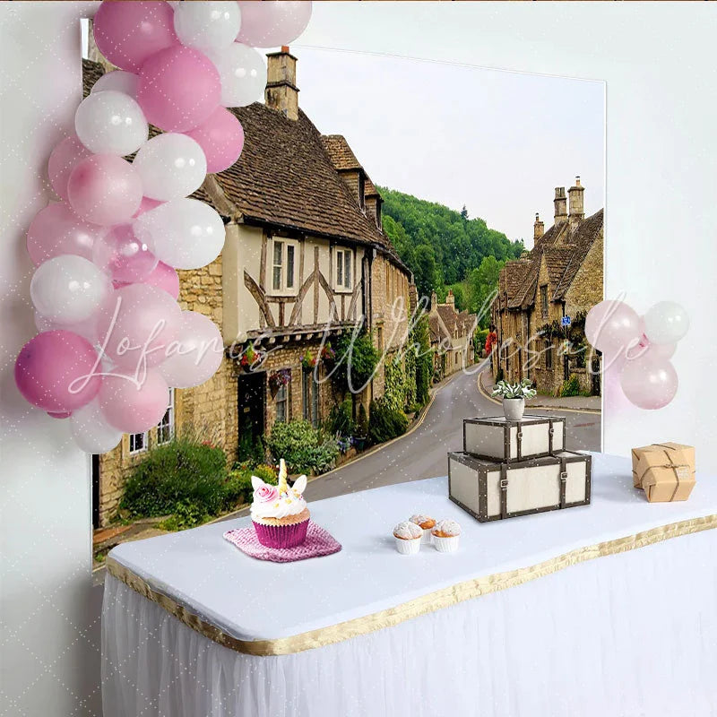 Lofaris Rustic Village Street Photography Backdrop with Stone Cottages and Greenery European Town Road Background for Photoshoot
