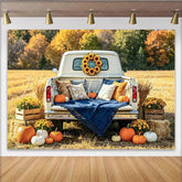 Lofaris Rustic Vintage Truck Fall Holiday Backdrop with Pumpkins Autumn Harvest Field Background for Family Photos and Decor.