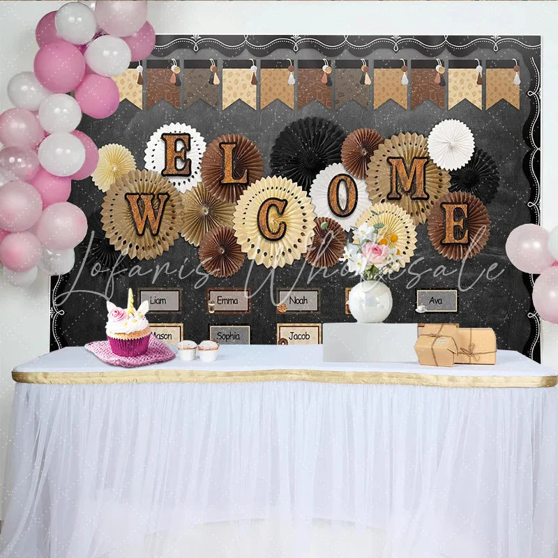 Lofaris Rustic Welcome Chalkboard Backdrop with Coffee and Decorative Paper Fans Versatile Studio Background for Classroom Decor