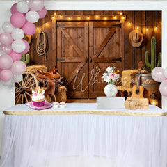 Lofaris Rustic Western Barn Door Photography Backdrop Country Farm Photo Booth Background with String Lights for Studio