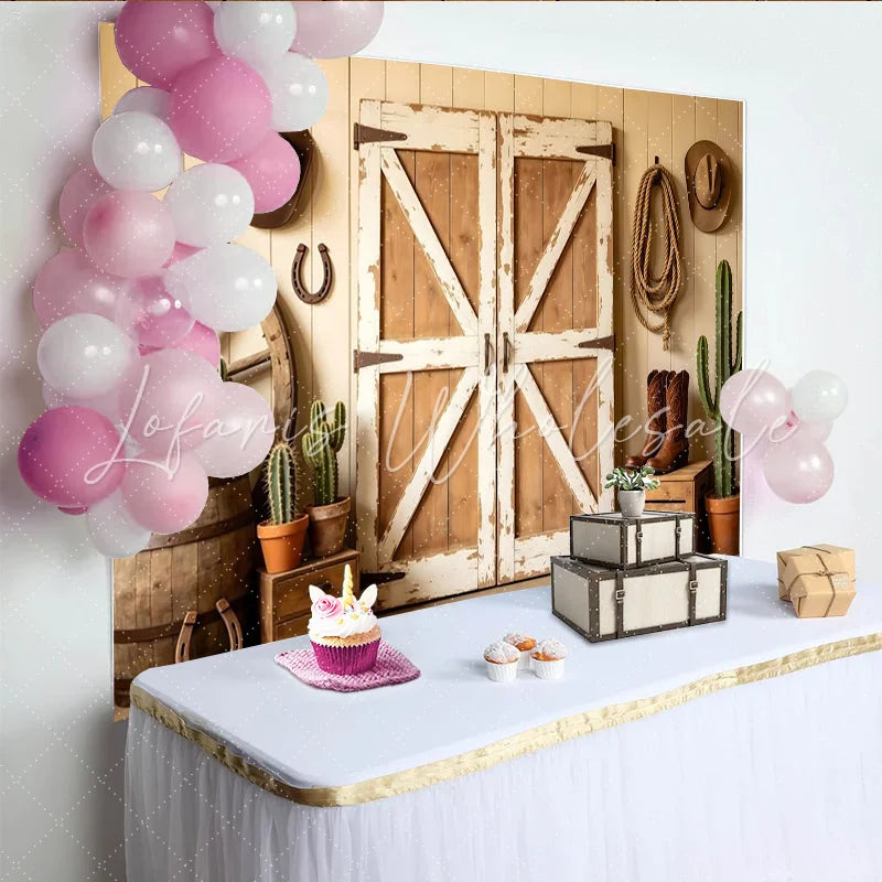 Lofaris Rustic Western Barn Door Photography Backdrop with Cowboy Props Vintage Wood Wall Background for Farmhouse Party or Studio