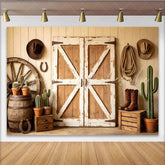 Lofaris Rustic Western Barn Door Photography Backdrop with Cowboy Props Vintage Wood Wall Background for Farmhouse Party or Studio