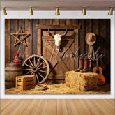 Lofaris Rustic Western Barn Photography Backdrop with Bull Skull and Cowboy Boots Vintage Wood Wall Background for Party Decor