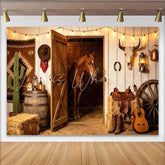 Lofaris Rustic Western Barn Photography Backdrop with Horse and Cowboy Decor Vintage Stable Background for Studio Photoshoot Party Decor