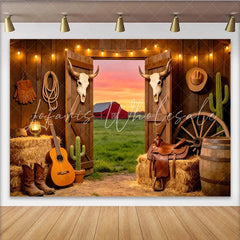 Lofaris Rustic Western Barn Photography Backdrop with Open Doors Scenic Sunset Red Barn Background for Studio Photoshoot