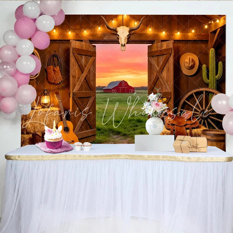 Lofaris Rustic Western Barn Photography Backdrop with Open Doors Sunset Red Barn Field and Cowboy Props Studio Background for Photoshoot