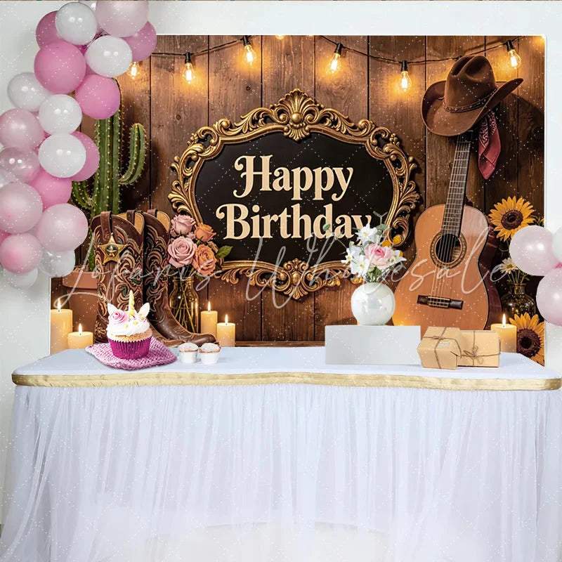 Lofaris Rustic Western Birthday Backdrop with Cowboy Boots Cactus and Guitar Elegant Wooden Wall Photography Background for Party Decor