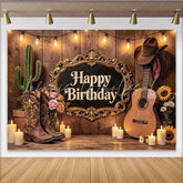 Lofaris Rustic Western Birthday Backdrop with Cowboy Boots Cactus and Guitar Elegant Wooden Wall Photography Background for Party Decor