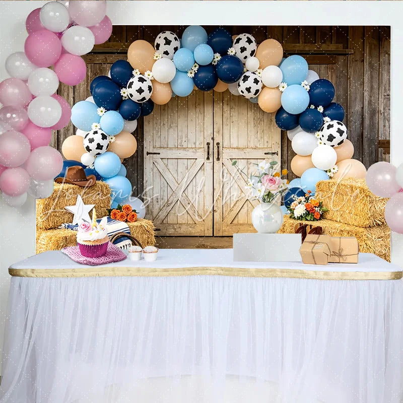 Lofaris Rustic Western Cowboy Birthday Backdrop with Blue Balloons and Cow Print Farm Barn Door Photo Booth Prop