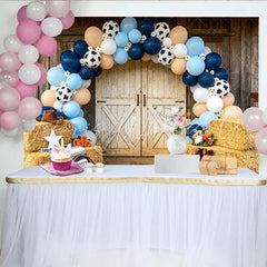 Lofaris Rustic Western Cowboy Birthday Backdrop with Blue Balloons and Cow Print Farm Barn Door Photo Booth Prop
