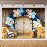 Lofaris Rustic Western Cowboy Birthday Backdrop with Blue Balloons and Cow Print Farm Barn Door Photo Booth Prop