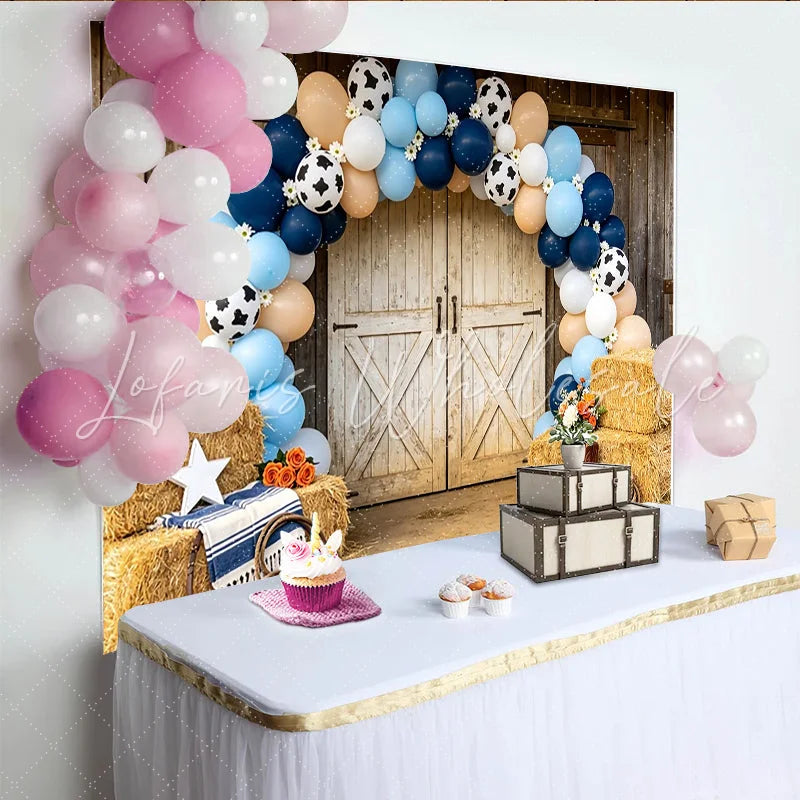 Lofaris Rustic Western Cowboy Birthday Backdrop with Blue Balloons and Cow Print Farm Barn Door Photo Booth Prop