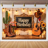 Lofaris Rustic Western Cowboy Birthday Backdrop with Guitar and Boots Cactus String Lights Party Background for Photo Booth