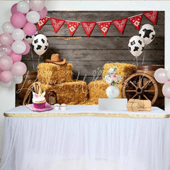 Lofaris Rustic Western Cowboy Birthday Backdrop with Red Bandana Hay Bales and Cow Print Balloons Photo Background for Parties