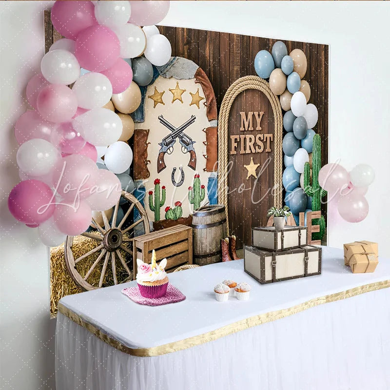 Lofaris Rustic Western First Birthday Backdrop with My First One Sign and Balloons Cowboy Theme Photo Background for Baby Boy Party.